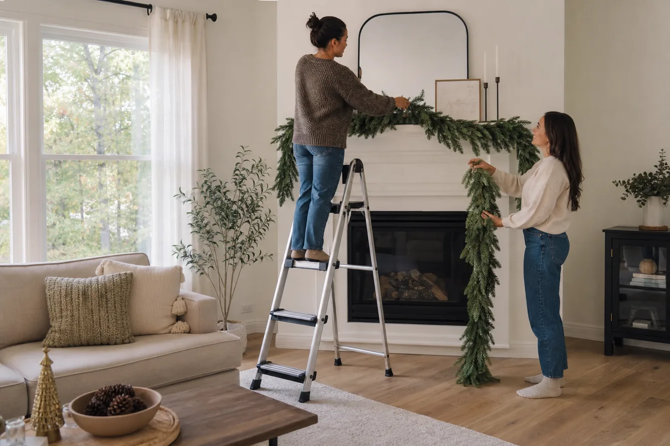 Person safely hanging Christmas decorations from a stable step ladder