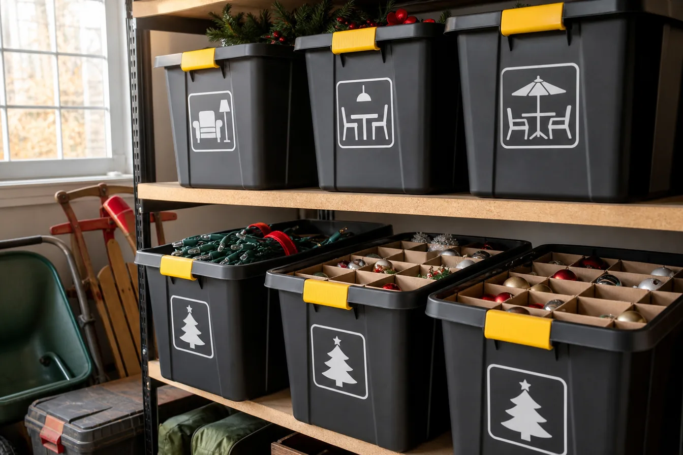 Christmas decoration boxes labeled by room with picture symbols