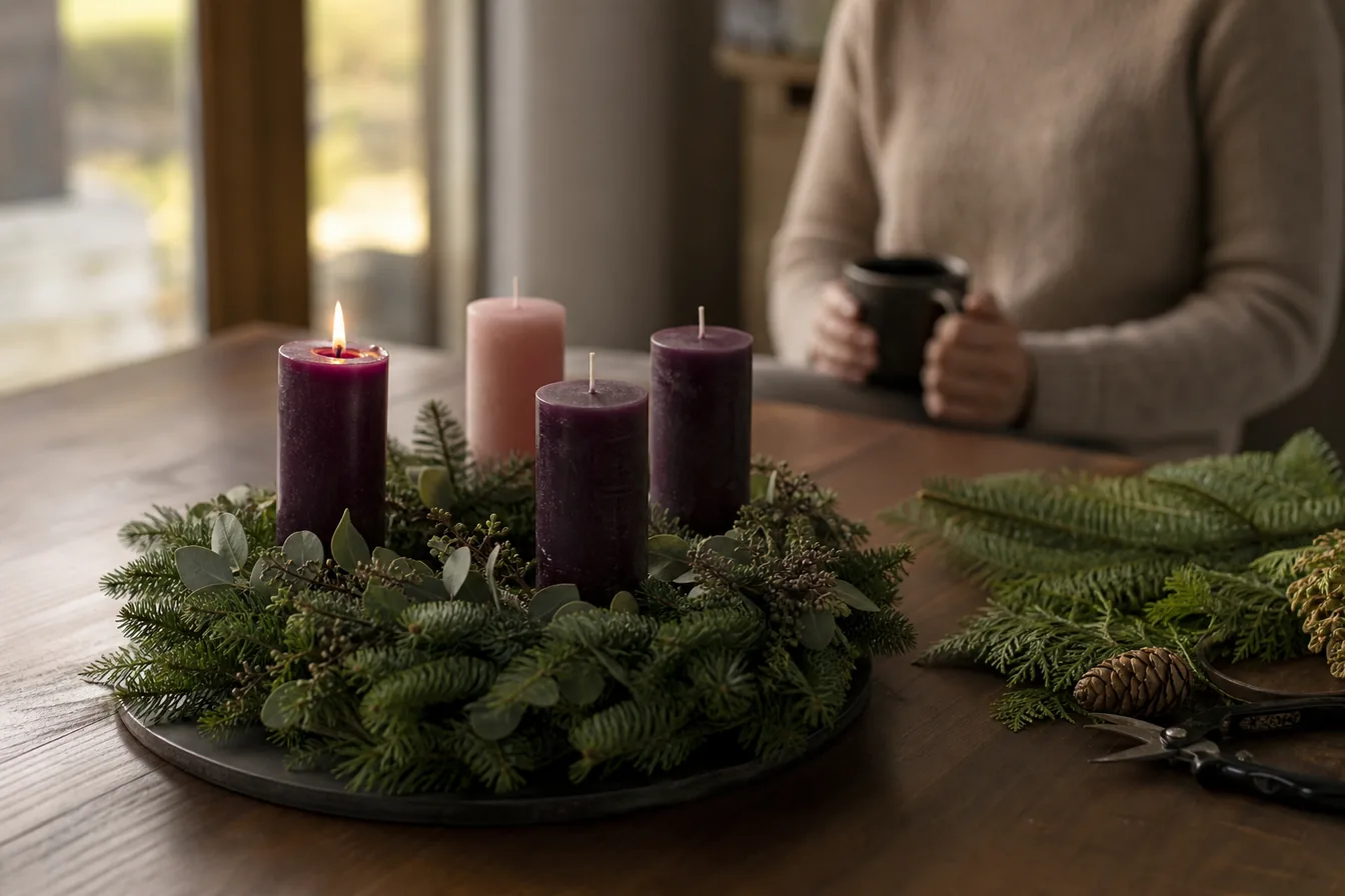 Advent wreath with the first candle lit