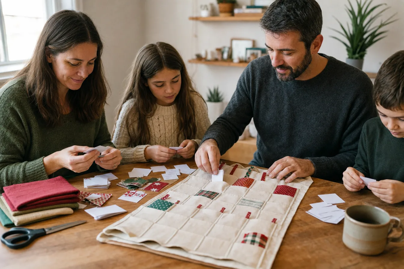 Family preparing a reusable Advent calendar